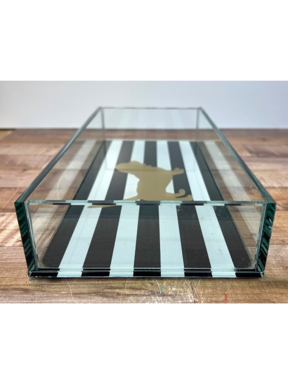 Gold Dog Silhouette Glass Tray Black & White Stripe Decorative Storage Organizer - Picture 3 of 6